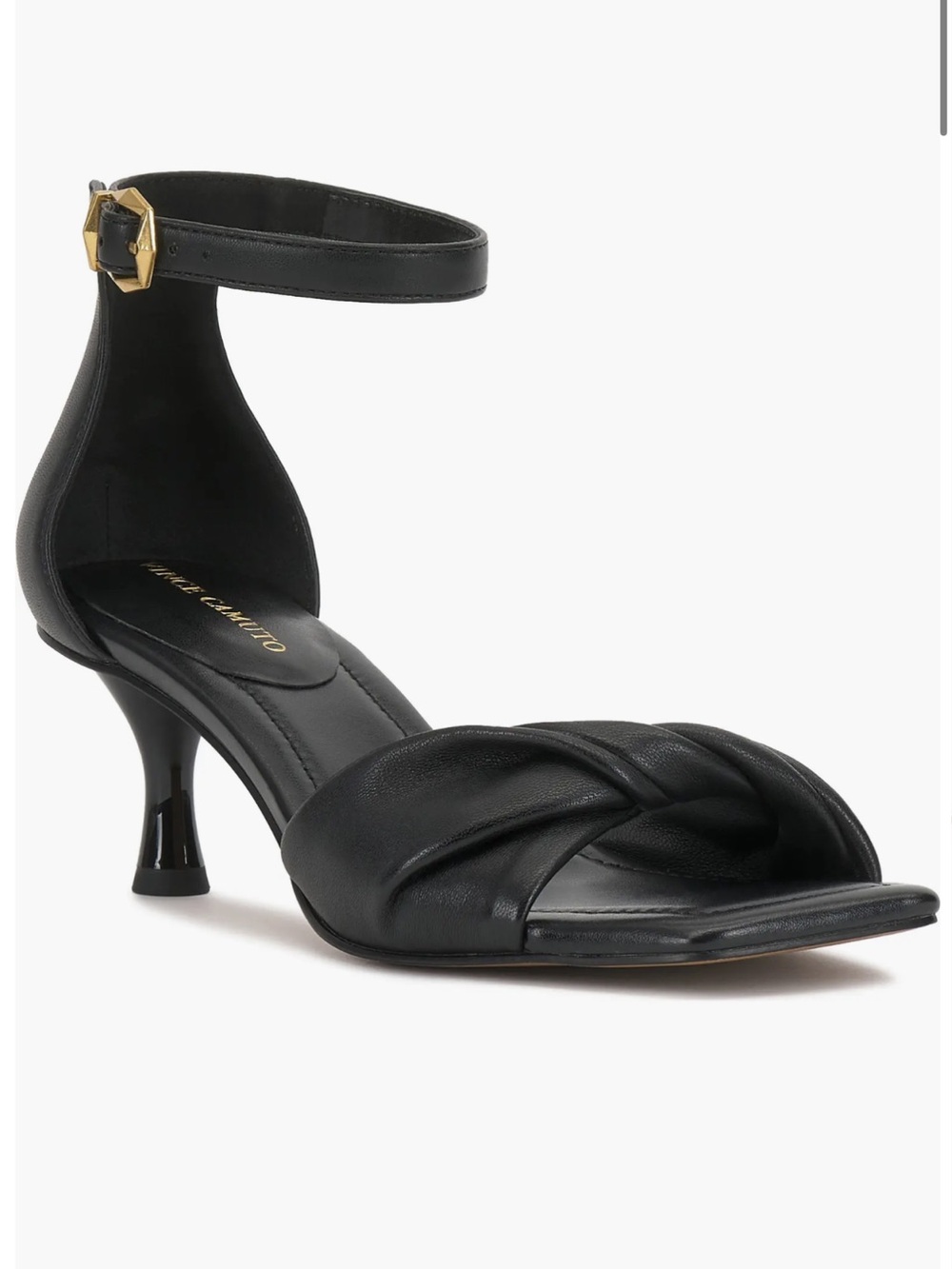 Vince Camuto Black Knotted Ankle-Strap Heels with Gold Buckle